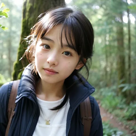 highest quality,Super high natural light,  beautiful face,cute face,japanese girl, 14 years old,in the deep forest,  puddle, mist, many trees,Rime,snow,ocarina player