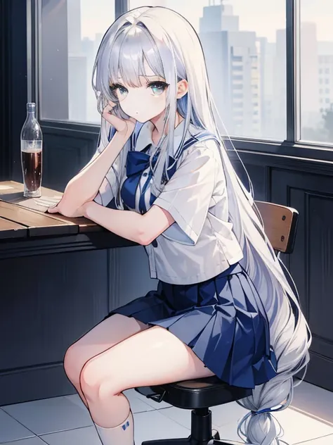 1 girl, height 164 cm, tall girl, charismatic, 18 years old, navy colored hair, very long hair, white silver eyes, blue skirt, high school uniform, blue ribbon, sitting, butt shape, Rear view, Do not look, sit on a chair, squat, juicy