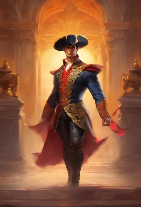 ((A Baroque painting of a beautiful bullfighter, with a masculine face and wild eyes, a hypnotic and sensual man, a true God, the most beautiful man in Spain)),((with typical bullfighter clothes with Spanish from the Victorian Era)), ((attractive man)), ((...