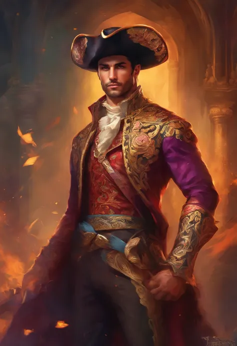 ((A Baroque painting of a beautiful bullfighter, with a masculine face and wild eyes, a hypnotic and sensual man, a true God, the most beautiful man in Spain)),((with typical bullfighter clothes with Spanish from the Victorian Era)), ((attractive man)), ((...