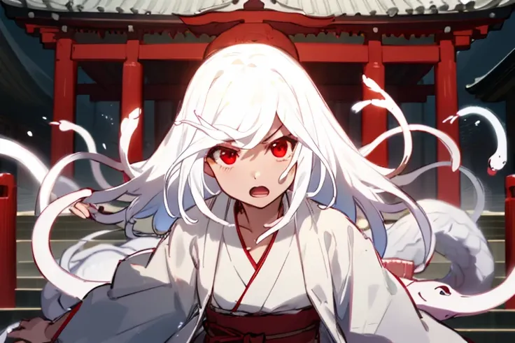 1 girl，detailed details，very long white hair，countless white snakes，luxurious white kimono，red eyes，shrine background，ferocious，...