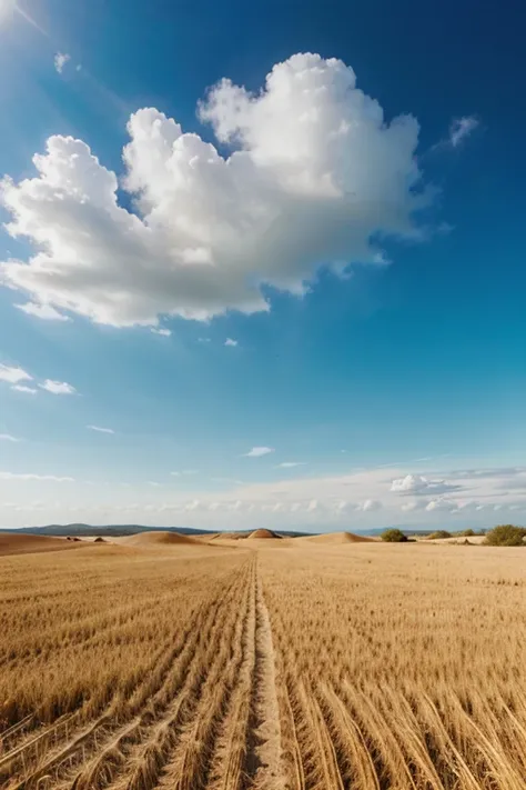 Best quality, masterpiece, ultra high res, (photorealistic:1.4), raw photo, sandy fields, sunny, blue sky,