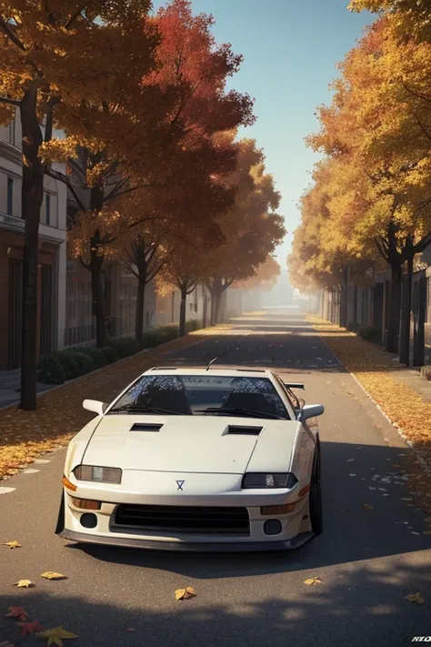 300ZX, white,drift car parked on a street covered with leaves in autumn in a (city:1.3), fall, global illumination, volumetric lighting, best quality, highly detailed, cgi, illustration, octane render,  