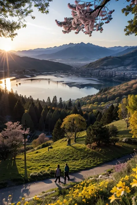 Deep forest, distant mountains, flying birds. Two-dimensional style, bright and vibrant, cherry blossoms cover the mountainside, the sunrise can be seen in the distance, a stream meanders, there are a few daffodils on the bank, the sunrise