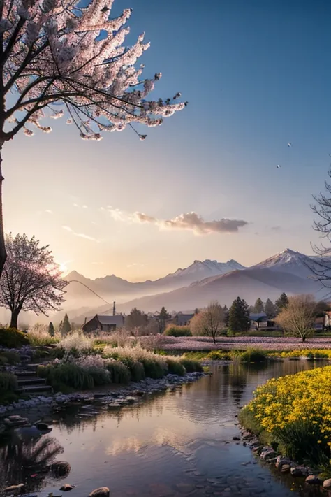 Deep forest, distant mountains, flying birds. Two-dimensional style, bright and vibrant, cherry blossoms cover the mountainside, the sunrise can be seen in the distance, a stream meanders, there are a few daffodils on the bank, the sunrise