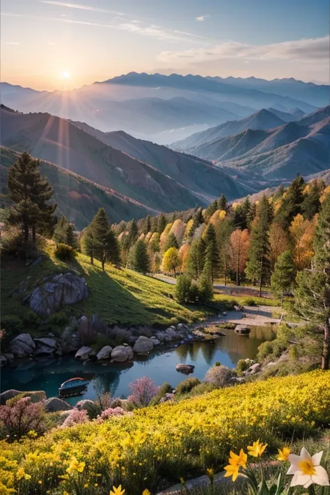 Deep forest, distant mountains, flying birds. Two-dimensional style, bright and vibrant, cherry blossoms cover the mountainside, the sunrise can be seen in the distance, a stream meanders, there are a few daffodils on the bank, the sunrise