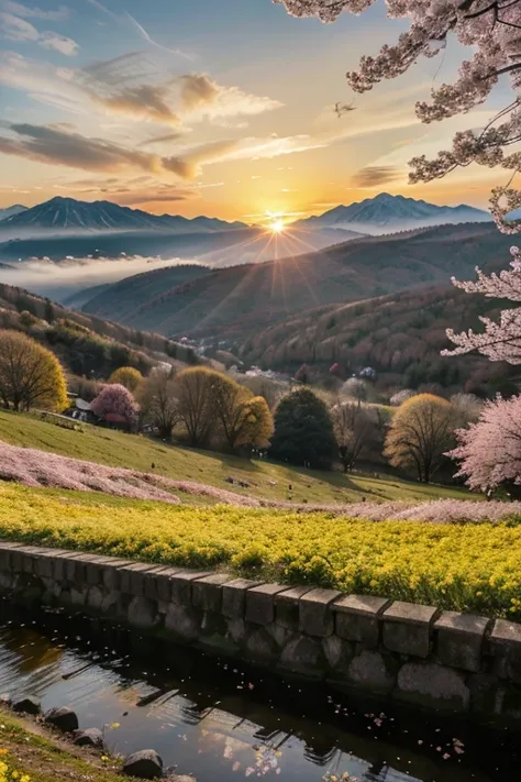 Deep forest, distant mountains, flying birds. Two-dimensional style, bright and vibrant, cherry blossoms cover the mountainside, the sunrise can be seen in the distance, a stream meanders, there are a few daffodils on the bank, the sunrise