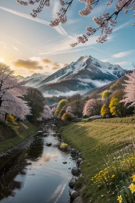 Deep forest, distant mountains, flying birds. Two-dimensional style, bright and vibrant, cherry blossoms cover the mountainside, the sunrise can be seen in the distance, a stream meanders, there are a few daffodils on the bank, the sunrise