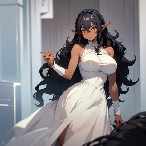 (((Dark Skin Elf Woman))),(((Gray blue eyes))),(((Black wavy hair))),(Curvy body),(((Alone))),(((Wearing a white Roman dress)))