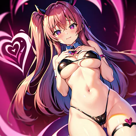 bunnysuit　cute face　　Succubus　　angle from below　Pose with your hands on your chest　big breasts　female brat　pose of temptation　provocative look　tongue licking pose　heart mark　Heart emblem　Im wearing panties　Pink Mist　We have 4　Covered in liquid