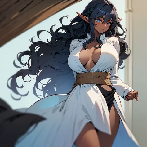 (((Dark Skin Elf Woman))),(((Gray blue eyes))),(((Black wavy hair))),(Curvy body),(((Alone))),(((Wearing a white Roman dress)))