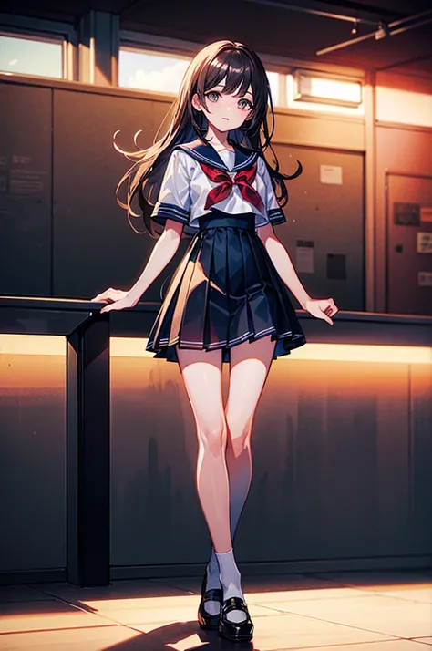 （（（masterpiece、Highest image quality、highest quality、highly detailed unity 8ｋwallpaper）））、（（Illustration of one girl））、（（（Super tall、３fold、long legs）））、high school girl、sailor suit、classroom