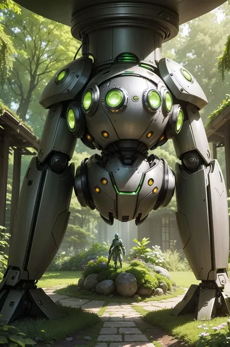 The image features a green and silver robot standing in the midst of a garden lush with greenery. This robot has a robust build and is decorated with prominent yellow eyes. It is at the center of the scene, suggesting a sense of prominence. Surrounding the...