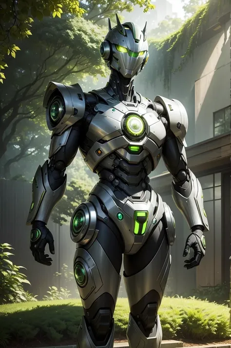 The image features a green and silver robot standing in the midst of a garden lush with greenery. This robot has a robust build and is decorated with prominent yellow eyes. It is at the center of the scene, suggesting a sense of prominence. Surrounding the...