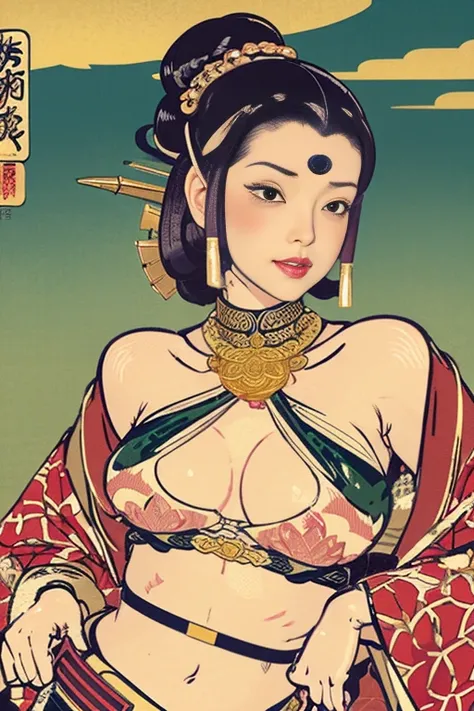 Ukiyoe illustration, princess Leia, sensual female, wearing gold brassiere, long loincloth, tiara, (((lotus poison))), (((chignon hair))), small bust, narrow waist, thin abs, (((ukiyoe art style))), (((art by Utamaro)))