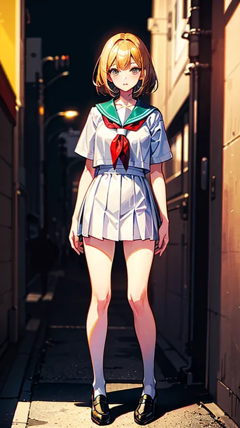 （（（masterpiece、Highest image quality、highest quality、highly detailed unity 8ｋwallpaper）））、（（Illustration of one girl））、（（（Super tall、３fold、long legs）））、high school girl、sailor suit、street corner