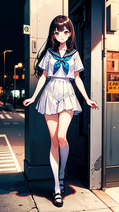 （（（masterpiece、Highest image quality、highest quality、highly detailed unity 8ｋwallpaper）））、（（Illustration of one girl））、（（（Super tall、３fold、long legs）））、high school girl、sailor suit、street corner