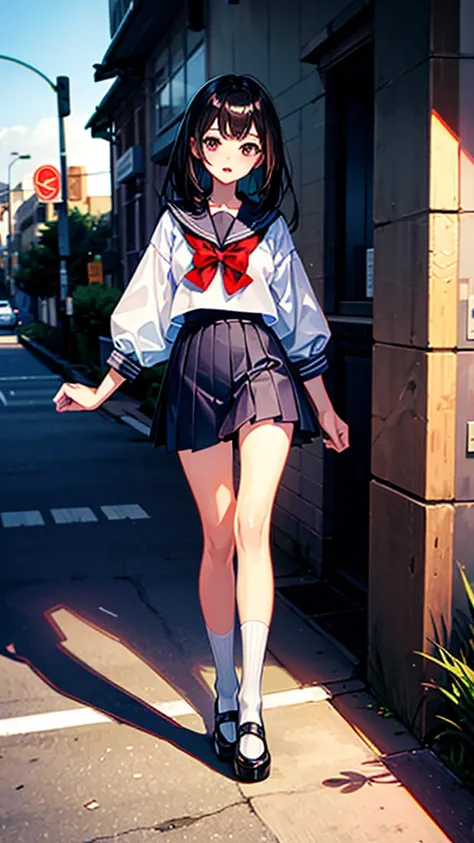 （（（masterpiece、Highest image quality、highest quality、highly detailed unity 8ｋwallpaper）））、（（Illustration of one girl））、（（（Super tall、３fold、long legs）））、high school girl、sailor suit、street corner