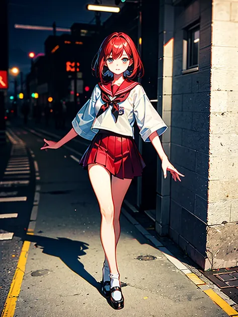 （（（masterpiece、Highest image quality、highest quality、highly detailed unity 8ｋwallpaper）））、（（Illustration of one girl））、（（（Super tall、３fold、long legs）））、high school girl、sailor suit、street corner
