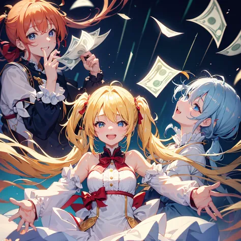 highest quality、best hand、best fingers、blonde twintails、beautiful woman spreads her arms、A woman who makes wads of money rain down、laugh heartily