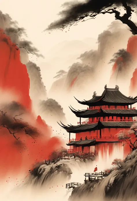 Chinese landscape, Chinese Traditional architecture, Oriental Monk, zen, by Stephen Gammell, by Alessandro Gottardo, Ancient Chinese temples, Chinese ancient pagoda, Waterfall, red background, The color matching of black, white and red, 8K Resolution