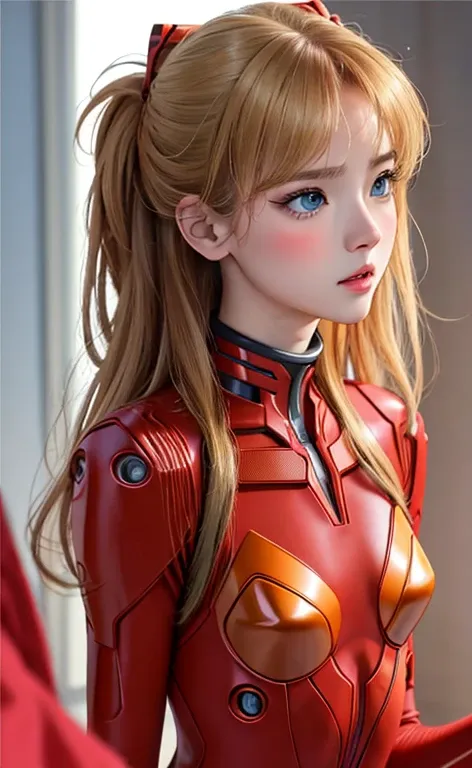 realistic、picture、High level image quality、solo、Perfectly detailed face、fine blue eyes、very detailed、blush、hair ornaments、Chignon mahogany hair、(blonde hair)、Plug Suit 02,Shikinami Asuka Langley、slender legs、 young face、Cute Aiur body suit、Torn suit、Chest ...