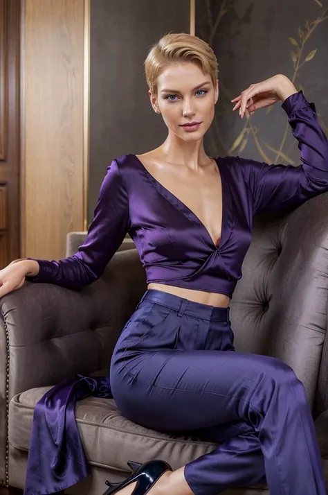 Portrait of a tall, slim lady 50 yo. slim face, strong protruding jawbone, protruding cheekbones. Dark blue eyes. Seductive smile. Short undercut blonde hair. Purple silk unbuttoned blouse, purple trousers, high heels. Sitting in an armchair. Bright, vivid...