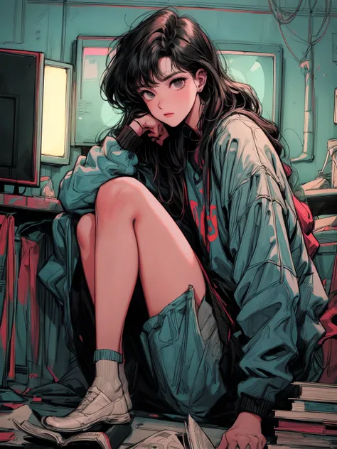 there is a girl sitting on a bed in a room playing video games, big television, teen room with books, cyberpunk, inspired by Liam Wong, at night, dark room, lo-fi illustration style, gamer room, studying in the room, cyril rolling over and m.w kaluta, teen...