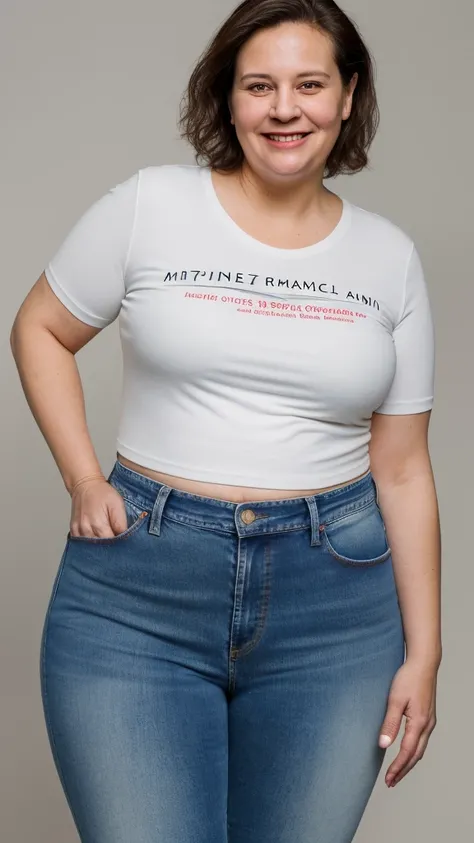 a woman smiling and looking at the camera, this person does not exist, 30 years old, round body shape, plump body, chubby, chubby round face, double chin, wearing a tshirt and jeans, stephanie welsh-sandra chevier-monica langlois-laurie greasly-bonnie macl...