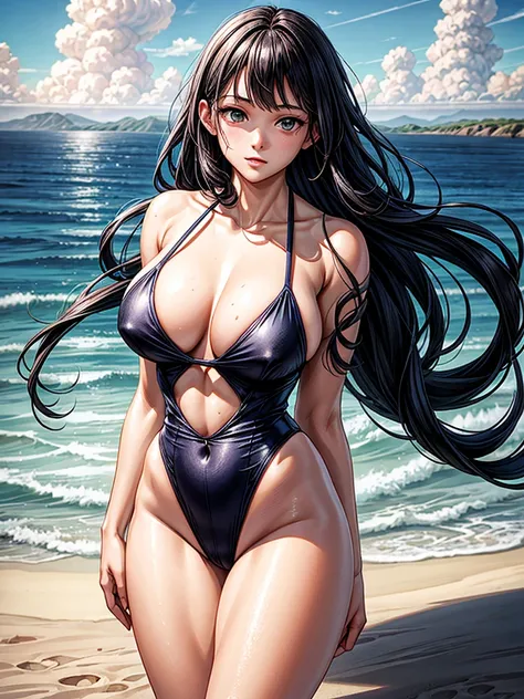 （（（masterpiece、Highest image quality、highest quality、highly detailed unity 8ｋwallpaper）））、（（Illustration of one girl））、high school girl、swimsuit、sandy beach