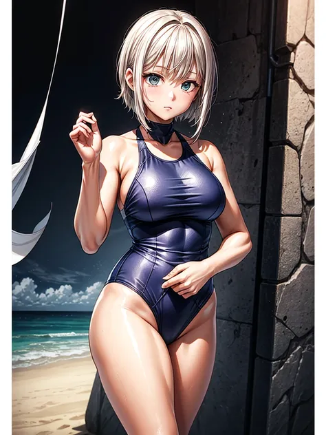 （（（masterpiece、Highest image quality、highest quality、highly detailed unity 8ｋwallpaper）））、（（Illustration of one girl））、high school girl、swimsuit、sandy beach