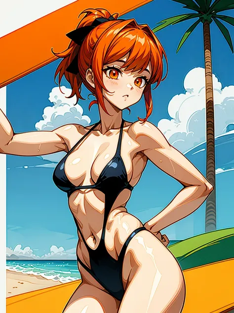 （（（masterpiece、Highest image quality、highest quality、highly detailed unity 8ｋwallpaper）））、（（Illustration of one girl））、（（orange hair、side pony、orange eyes））、swimsuit、sandy beach