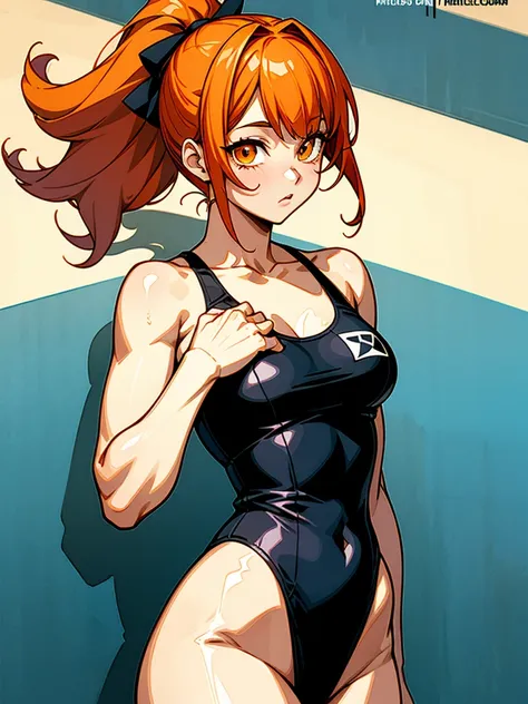 （（（masterpiece、Highest image quality、highest quality、highly detailed unity 8ｋwallpaper）））、（（Illustration of one girl））、（（orange hair、side pony、orange eyes））、swimsuit、sandy beach