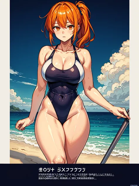 （（（masterpiece、Highest image quality、highest quality、highly detailed unity 8ｋwallpaper）））、（（Illustration of one girl））、（（orange hair、side pony、orange eyes））、swimsuit、sandy beach