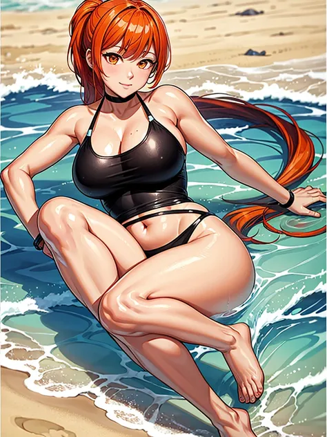 （（（masterpiece、Highest image quality、highest quality、highly detailed unity 8ｋwallpaper）））、（（Illustration of one girl））、（（orange hair、side pony、orange eyes））、swimsuit、sandy beach