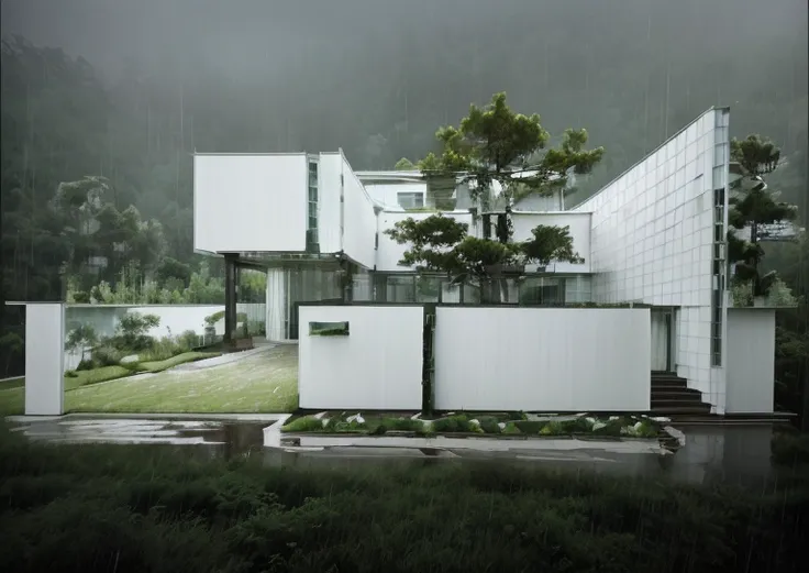 WHITE modern mansion in rainy forest, HILL, STYLE RICHARD MEIER