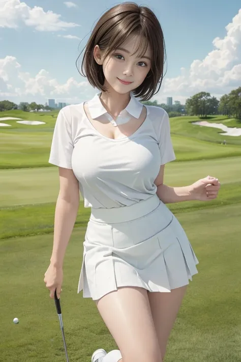 、Smile full of happiness、((nearly naked:1.3))、nearly naked、、lawn、Sweating、is standing、(((clong legs、thighs thighs thighs thighs)))、Sun visor、Medium Hair、cleavage of the breast、1girll，Golf Playece perfect，crisp breasts, Convex buttocks,Pastel Colour Sport S...