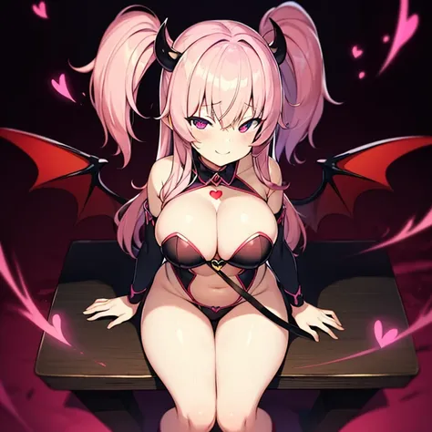 Succubus　pose of temptation　erotic body　　cute face　fascinating face　pose with arms outstretched　heart mark　slight smile　pink hair　eyes are hearts　charm magic　Angle from above　sitting pose　heart markの魔法陣の背景　dark background