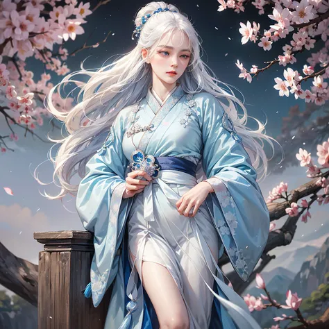 A sad looking woman, white hair, blue eyes, Gorgeous and exquisite blue Hanfu，antiquity，Gorgeous hair accessories，tassel，gauze，Sakura background，petal，breeze，Moonlight