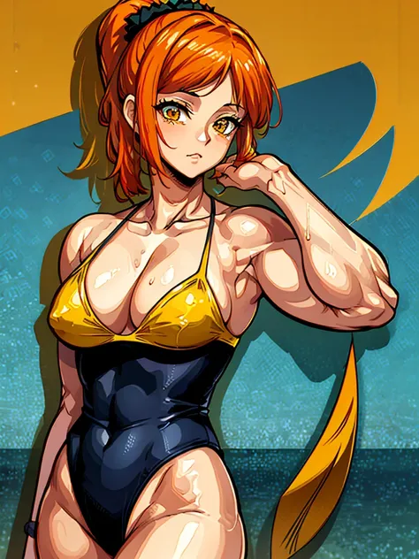 （（（masterpiece、Highest image quality、highest quality、highly detailed unity 8ｋwallpaper）））、（（Illustration of one girl））、（（（beautiful girl）））、（（orange hair、side pony、Yellow scrunchie、orange eyes））、swimsuit、sandy beach