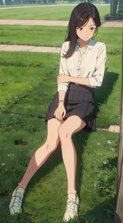 girl in short skirt on grass