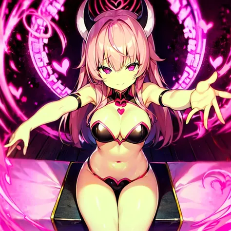 Succubus　pose of temptation　erotic body　　cute face　fascinating face　pose with arms outstretched　heart mark　slight smile　pink hair　eyes are hearts　charm magic　Angle from above　sitting pose　heart markの魔法陣の背景　dark background