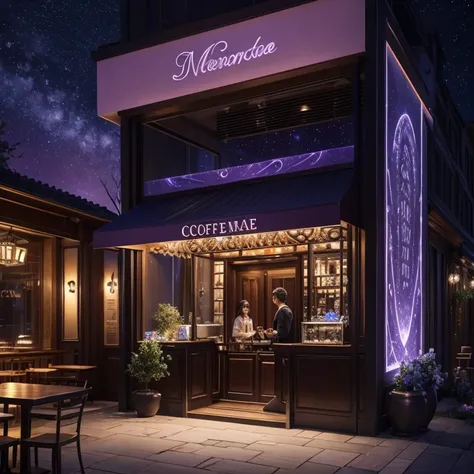 Imagine a modern fantasy coffee shop, "Moonlit Mocha," with an ethereal ambiance. The storefront boasts a blend of mystical purples and deep blues, echoing a moonlit night. Whimsical vines adorned with luminescent blooms entwine around the entrance, guidin...