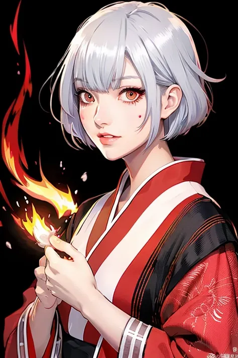 2d character　adult women　silver hair　Wolfcut　red eyes　Hanging eyes　Japanese clothing　kimono　anime style　Flame Charmer　（（2d characterクター））　2D illustration　Fire attribute　Crimson eyes