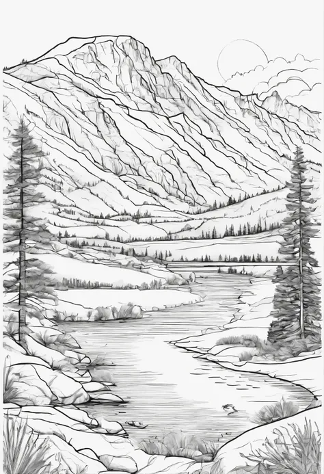 Create a coloring page of Yellowstone National Park for a coloring book only black and white pencil line images 