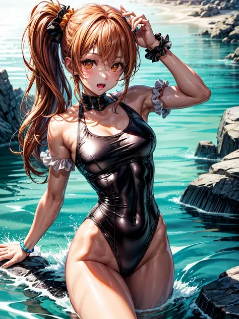 （（（masterpiece、Highest image quality、highest quality、highly detailed unity 8ｋwallpaper）））、（（Illustration of one girl））、（（（beautiful girl）））、（（orange hair、side pony、Yellow scrunchie、orange eyes））、swimsuit、sandy beach