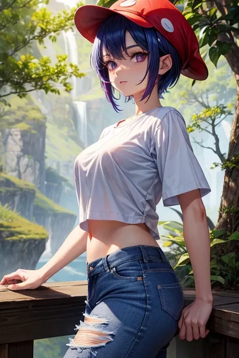 red button mushroom hat, 1girl, short navy blue hair, purple eyes, arm tattoo, high res, looking at viewer, nature background, wearing white shirt, denim jeans, masterpiece, sfw