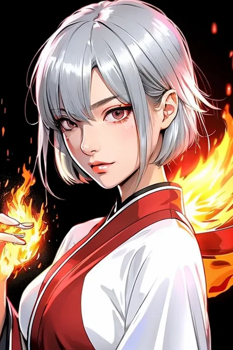 2d character　adult women　silver hair　Wolfcut　red eyes　Hanging eyes　sharp eyes　Japanese clothing　kimono　anime style　Flame Charmer　（（2d characterクター））　2D illustration　Fire attribute　Crimson eyes　Part of my hair is shiny