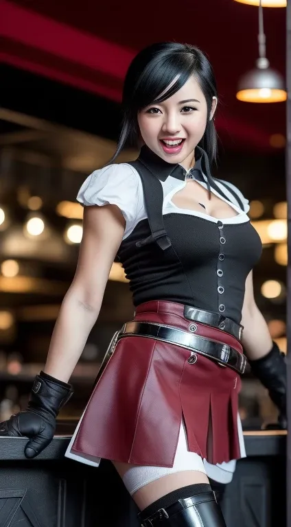 Final Fantasy VII, (Nose face elbow pad, ankle boots, black hair, black skirt, black Raise your legs high, red boots, elbow gloves, Elbow pads, fingerless gloves, tight shirt, Good at sports, (suspender black skirt), Raise your legs high, white vest, The u...