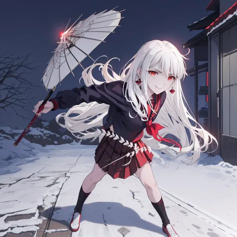 sukeban illyasviel_von_einzbern, mature_female, silver hair, holding yoyo, combat pose, full body, flowing hair, hair between the eyes, asymmetrical hair, red eyes, delicate facial features, sukeban deka clothe, looking_at_viewer, outdoors, background toky...